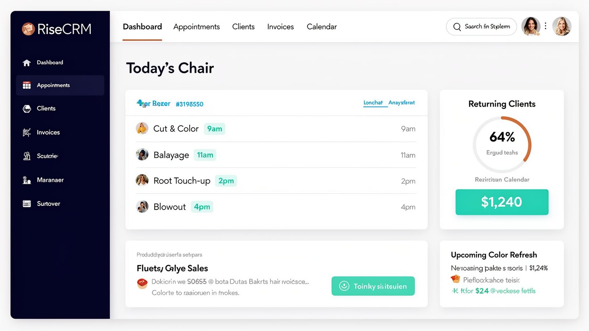 Sample RiseCRM dashboard for Hair Stylist
