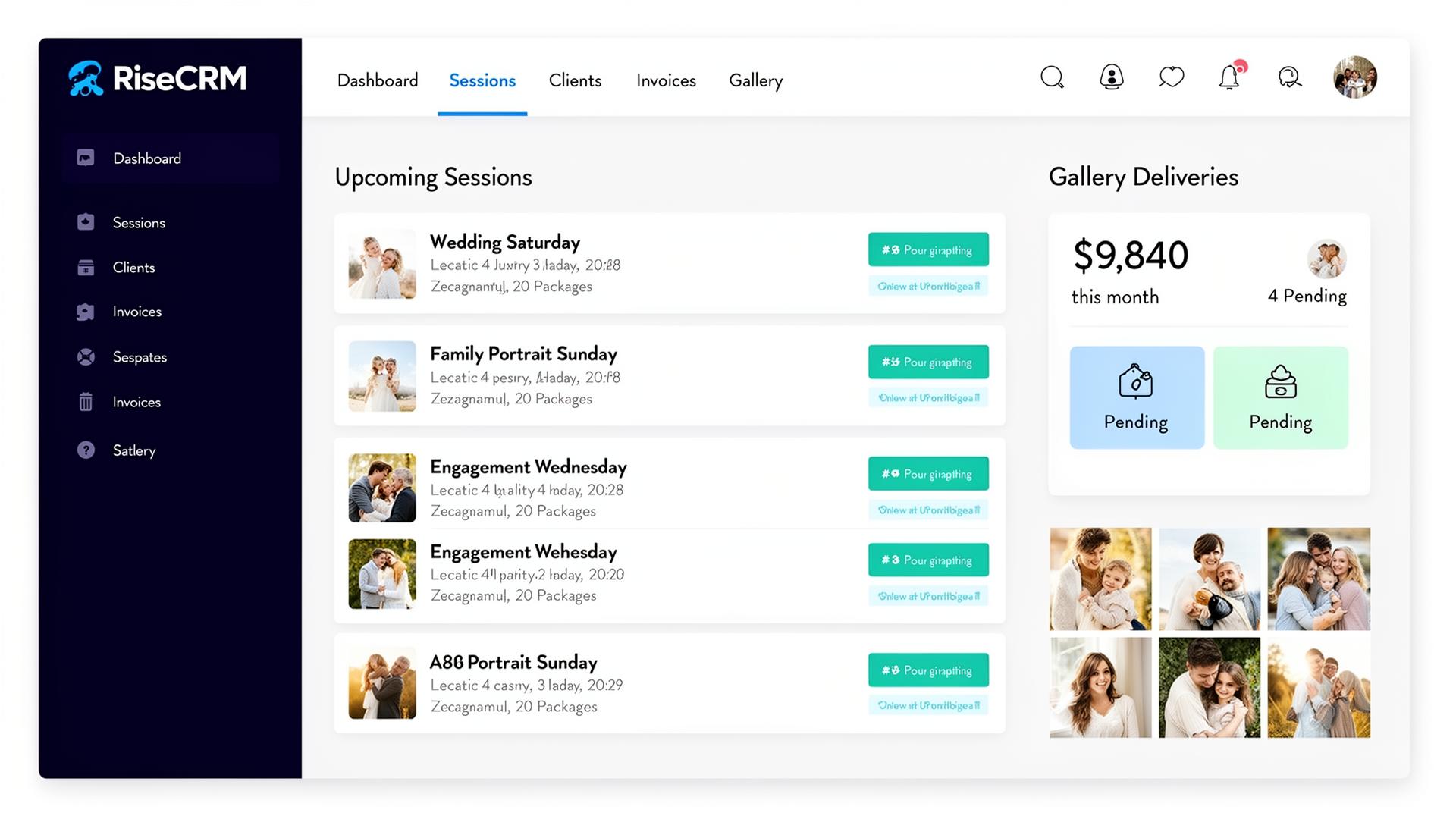 Sample RiseCRM dashboard for Photographer
